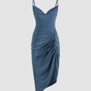 Illusion Floral Ruched Cowl Neck Midi Dress XL